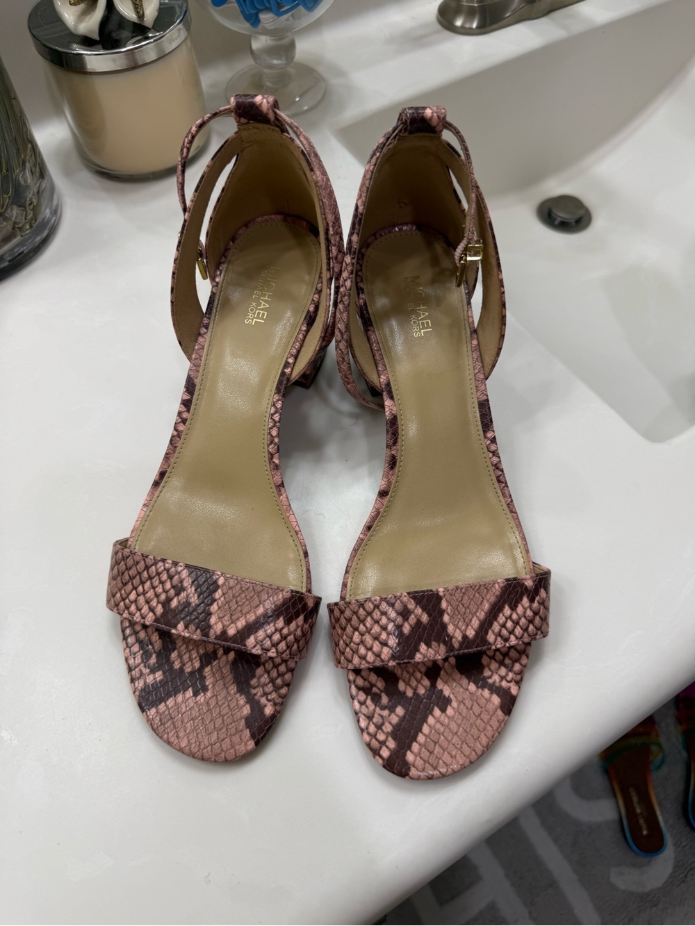 Michael Kors Pink Snake-Print Strappy Block Heel Sandals